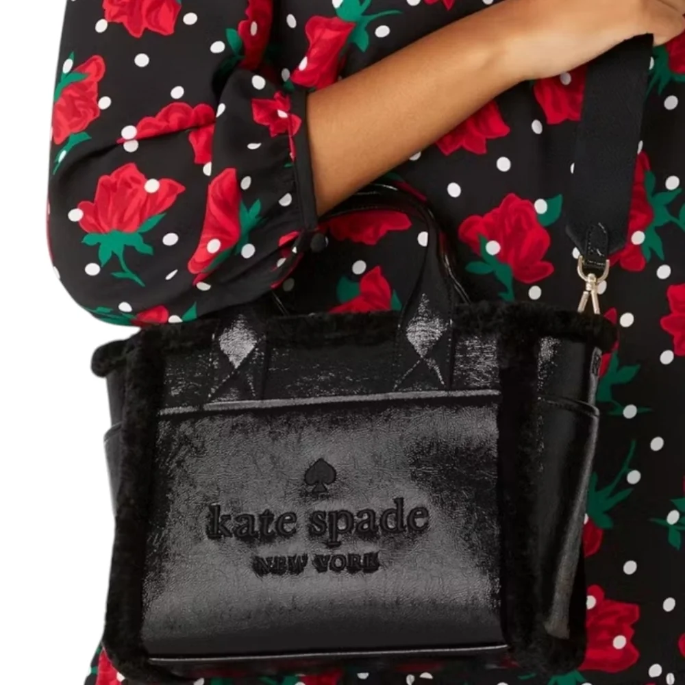 Kate Spade ♠️ black Jett Faux fur Shearling Small Tote bag